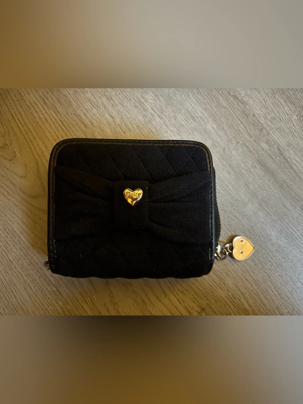 Black Quilted Bow Zip Wallet with Heart Charm